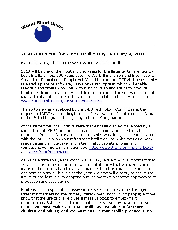 WBU Statement for World Braille Day - January 4, 2018