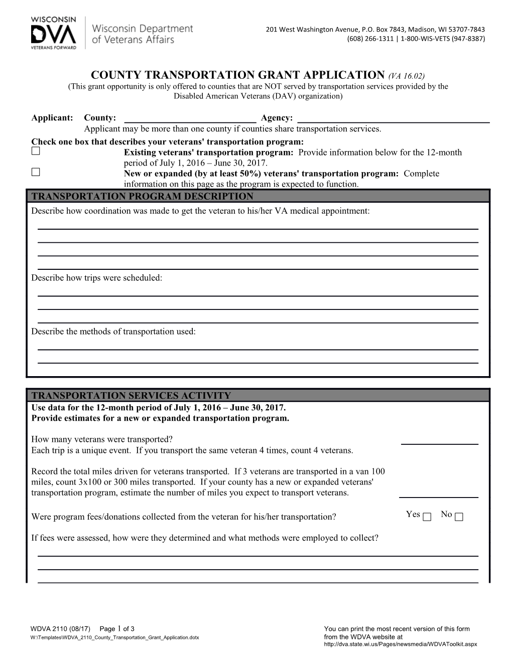WDVA 2110 County Transportation Grant Application