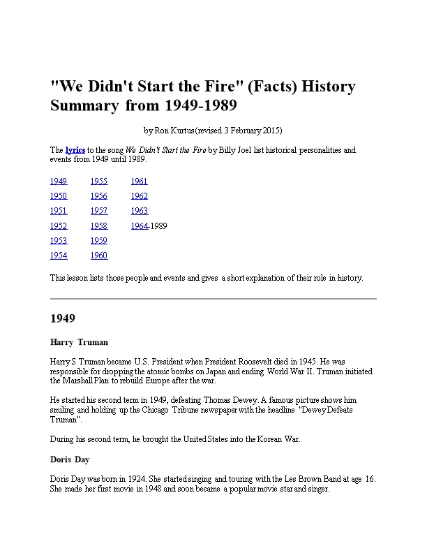 We Didn't Start the Fire (Facts) History Summary from 1949-1989