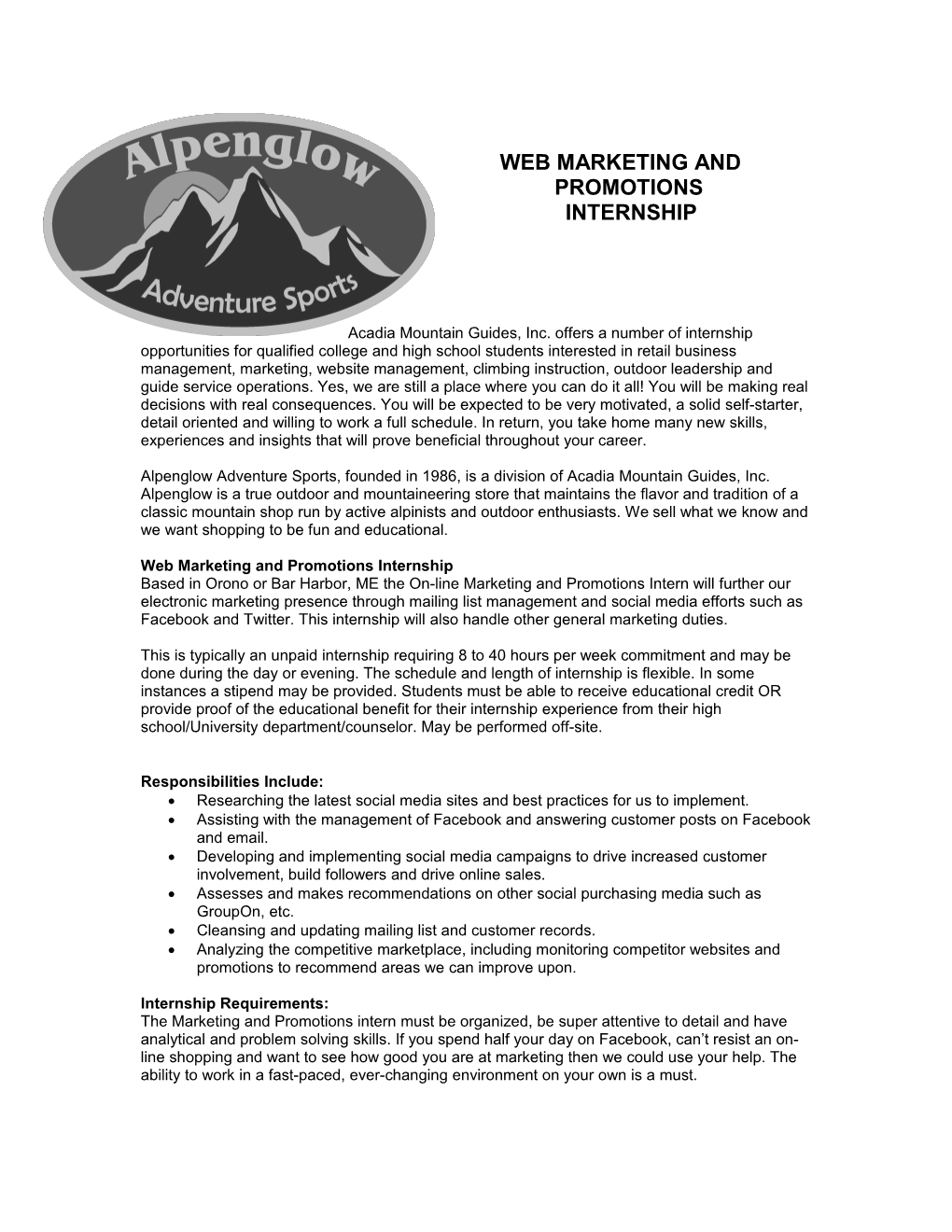 Web Marketing and Promotions Internship