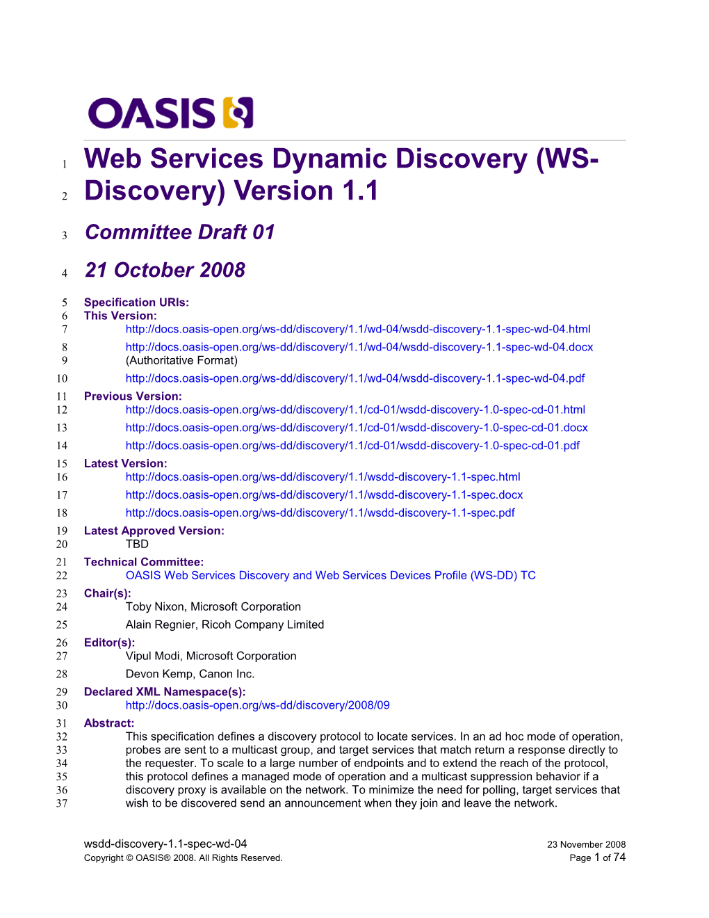Web Services Dynamic Discovery (WS-Discovery) Version 1.0
