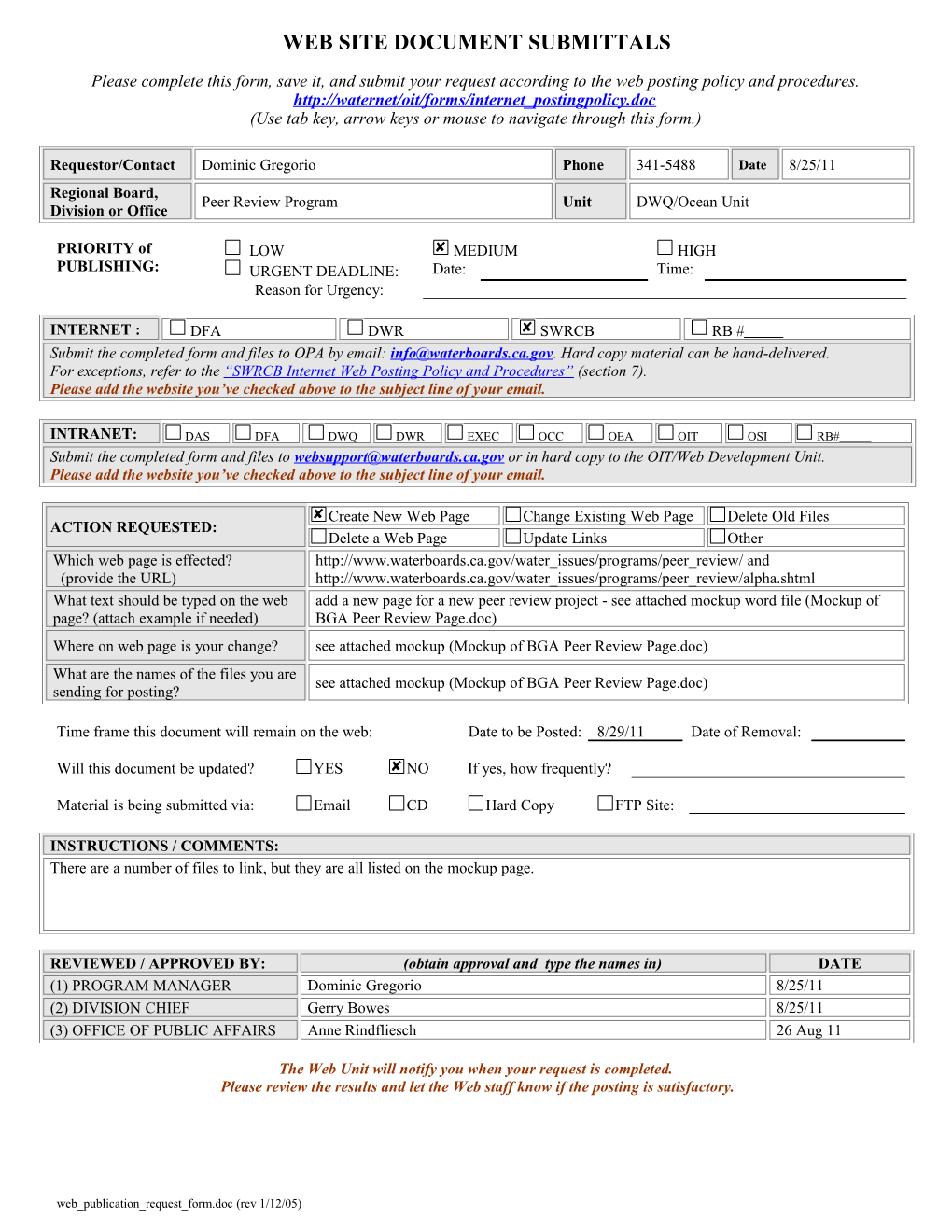 WEB SITE DOCUMENT SUBMITTALS (Form)