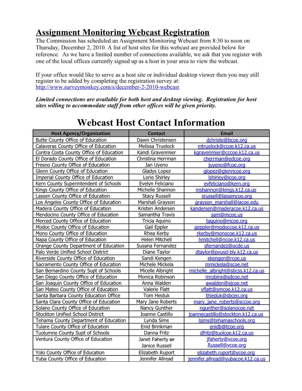 Webcast Host Contact Information