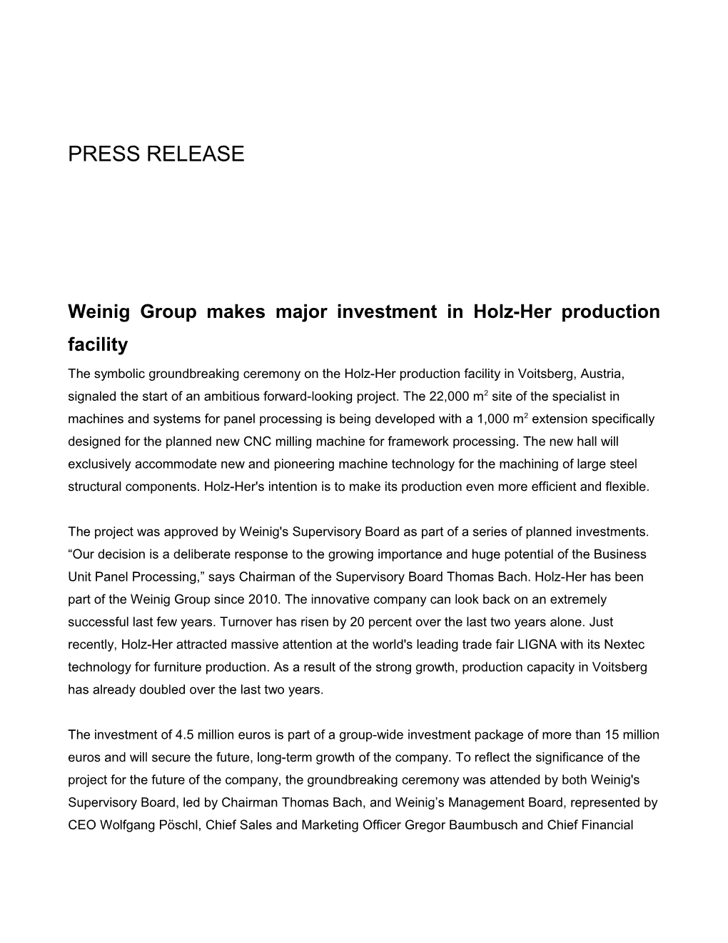 Weinig Group Makes Major Investment in Holz-Her Production Facility