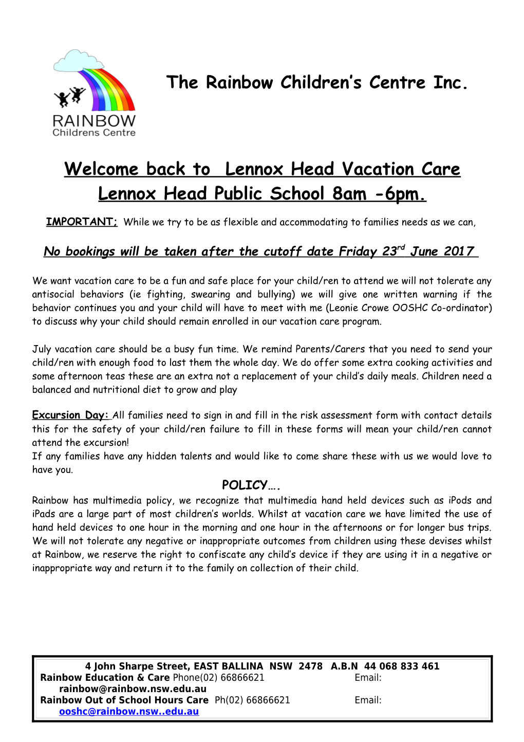 Welcome Back to Lennox Head Vacation Care