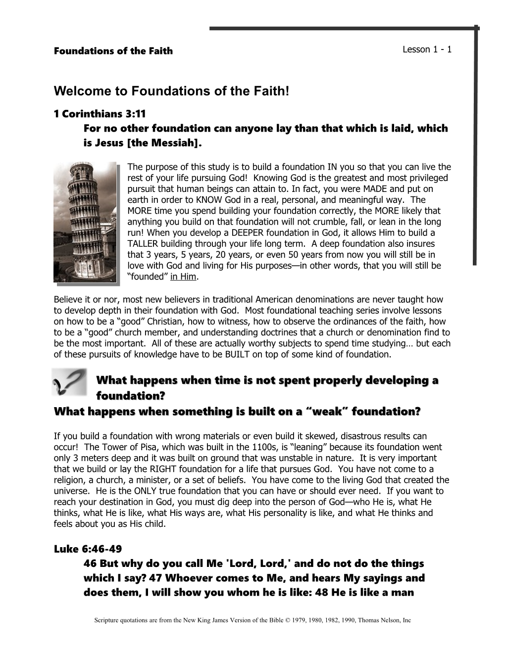 Welcome to Foundations of the Faith!