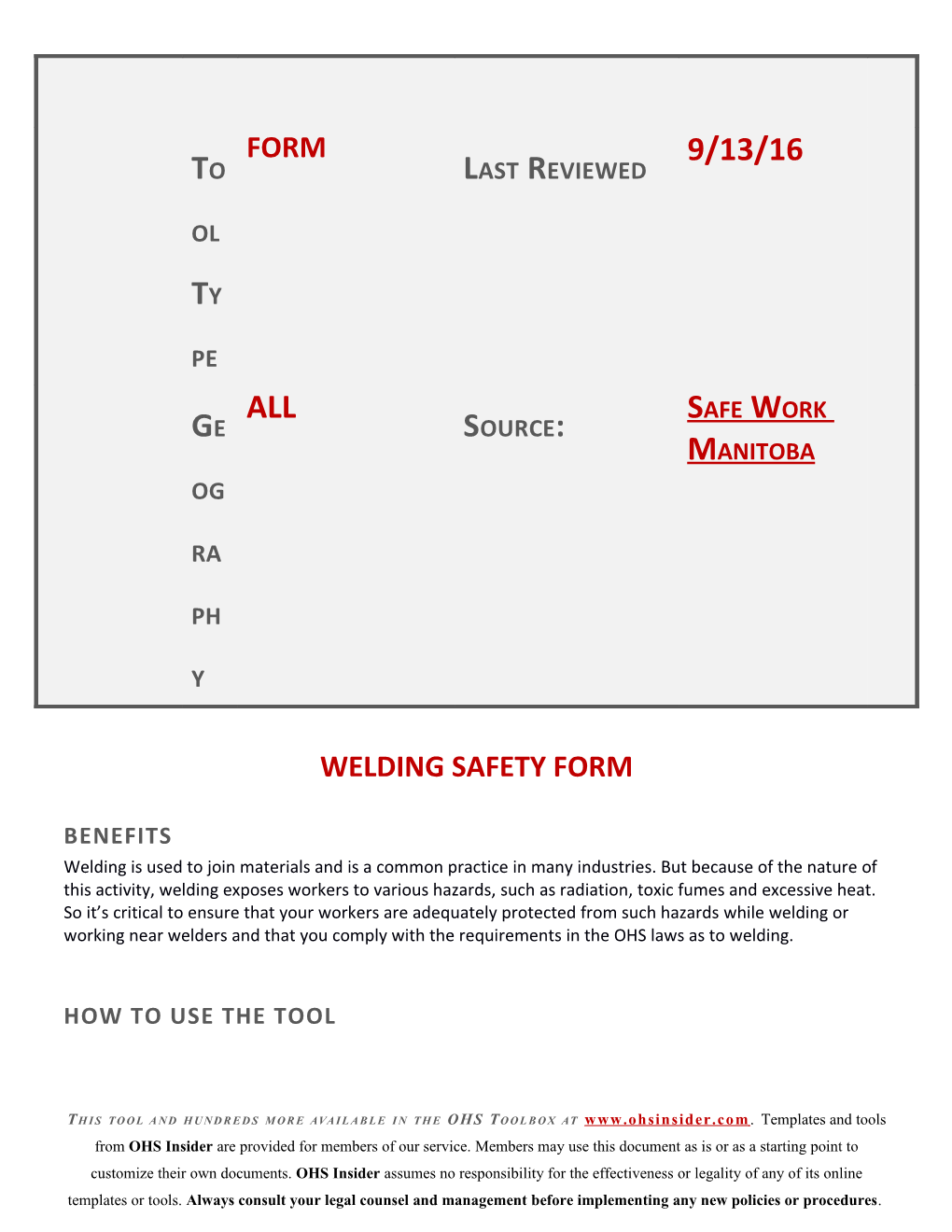 Welding Safety Form
