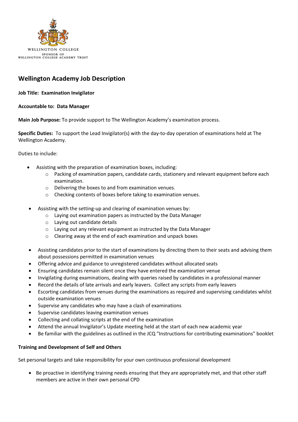 Wellington Academy Job Description