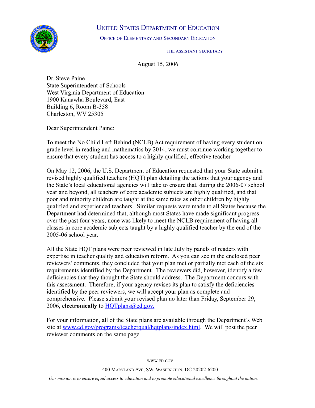 West Virginia Letter to Chief State School Officer Regarding the Peer Review Comments Of