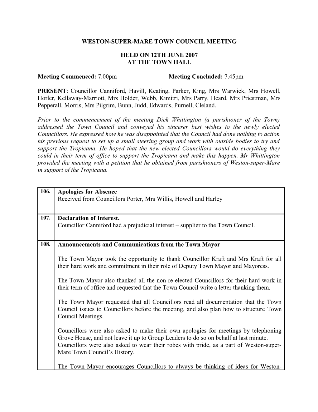 Weston-Super-Mare Town Council Meeting