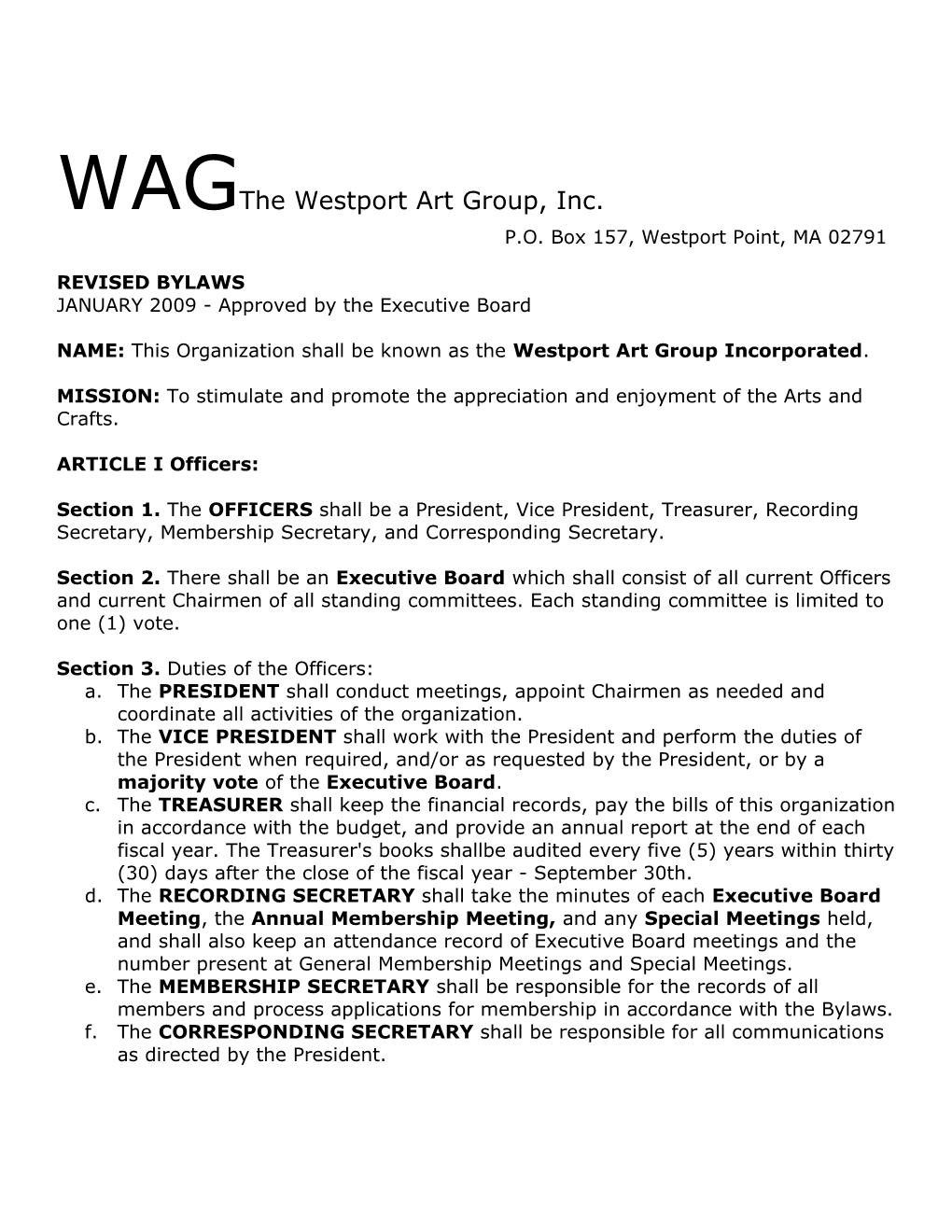 WESTPORT ART GROUP , INC - REVISED BY-LAWS JANUARY 2009Page 1