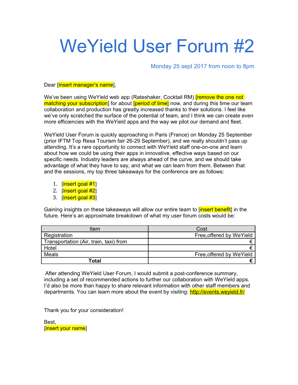 Weyield User Forum #2