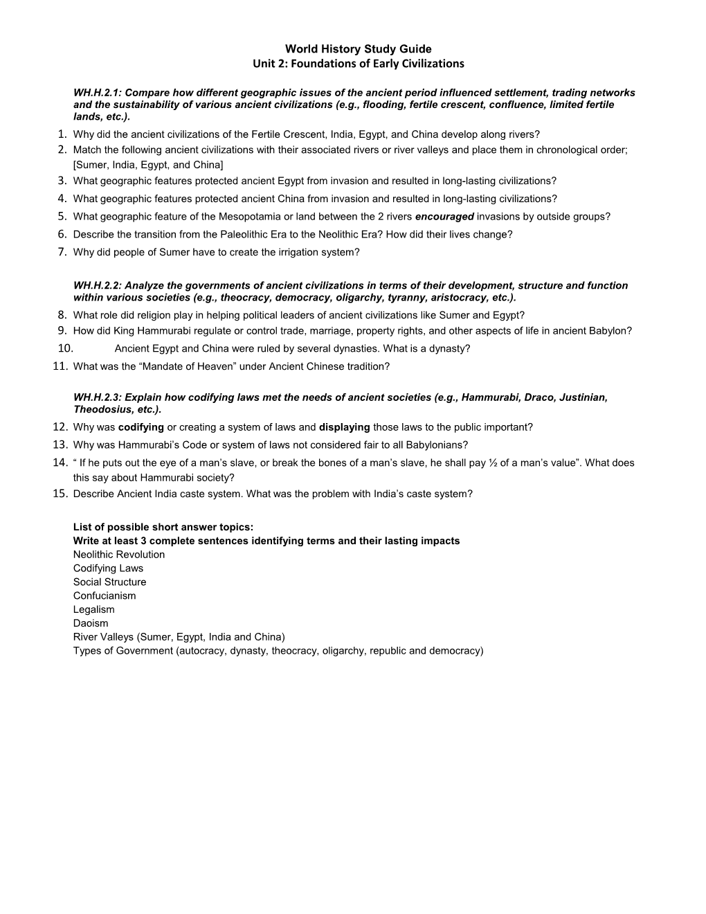 WH Unit 2A Foundations of Civilizations Study Guide 1