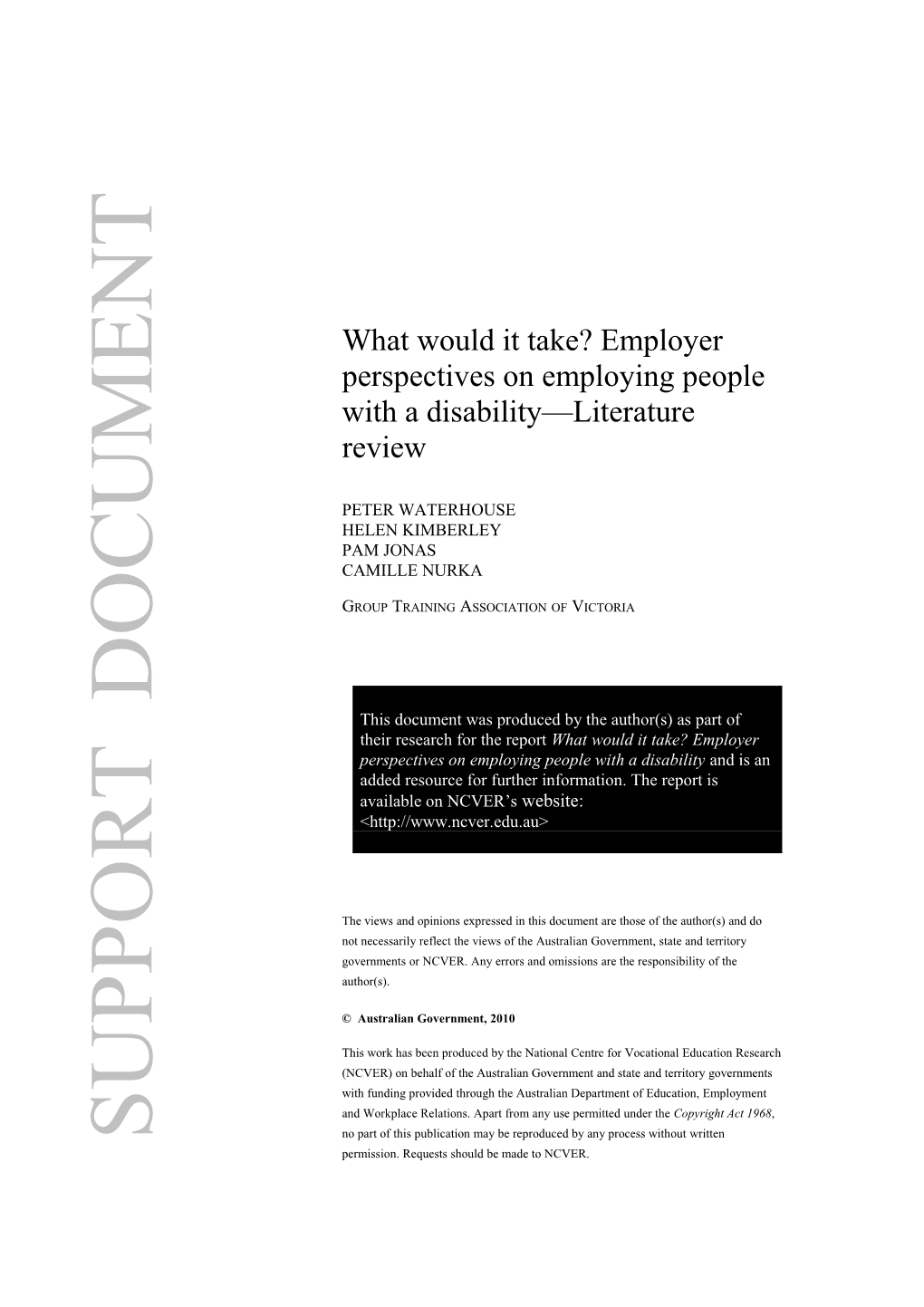 What Would It Take? Employer Perspectives on Employing People with a Disability Literature