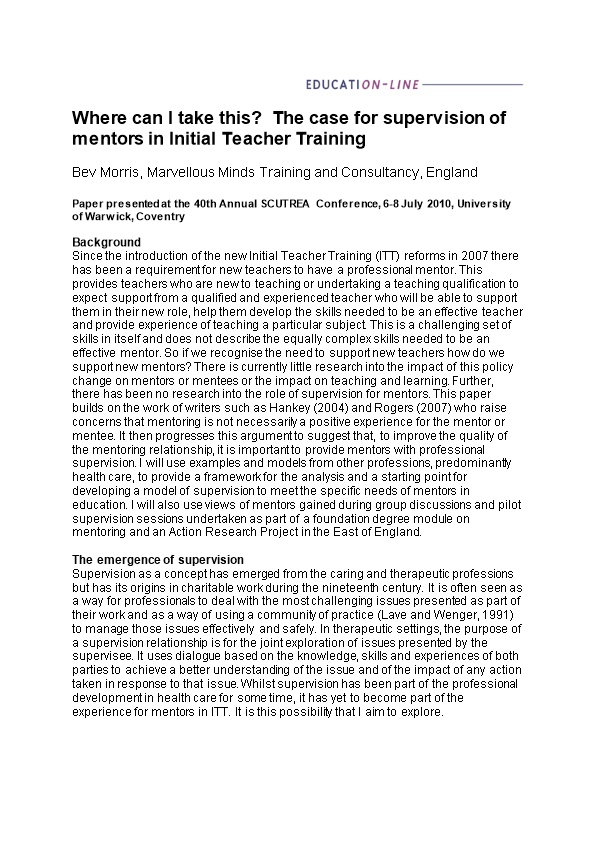 Where Can I Take This? the Case for Supervision of Mentors in Initial Teacher Training