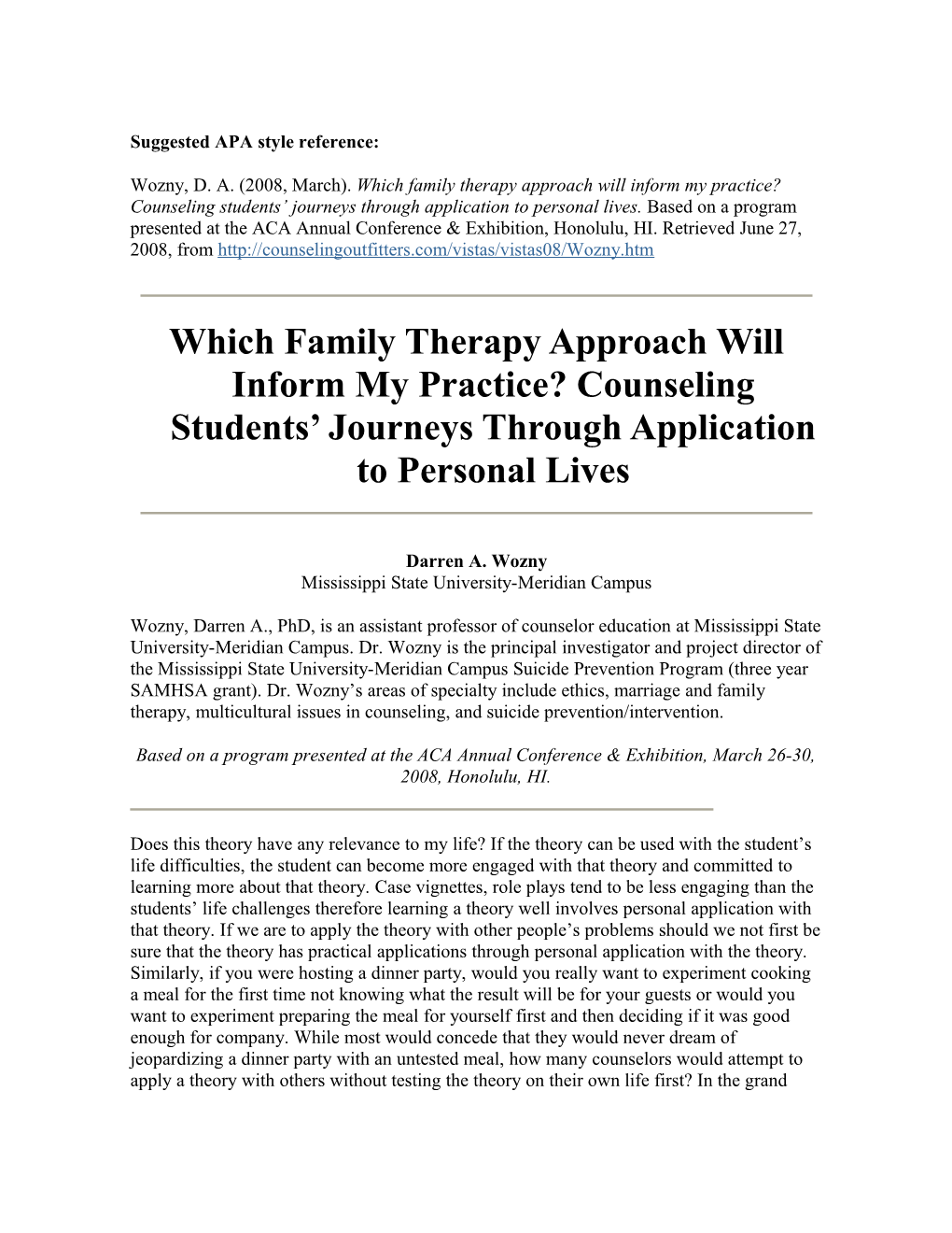 Which Family Therapy Approach Will Inform My Practice? Counseling Students Journeys Through
