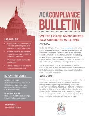 White House Announces ACA Subsidies Will End