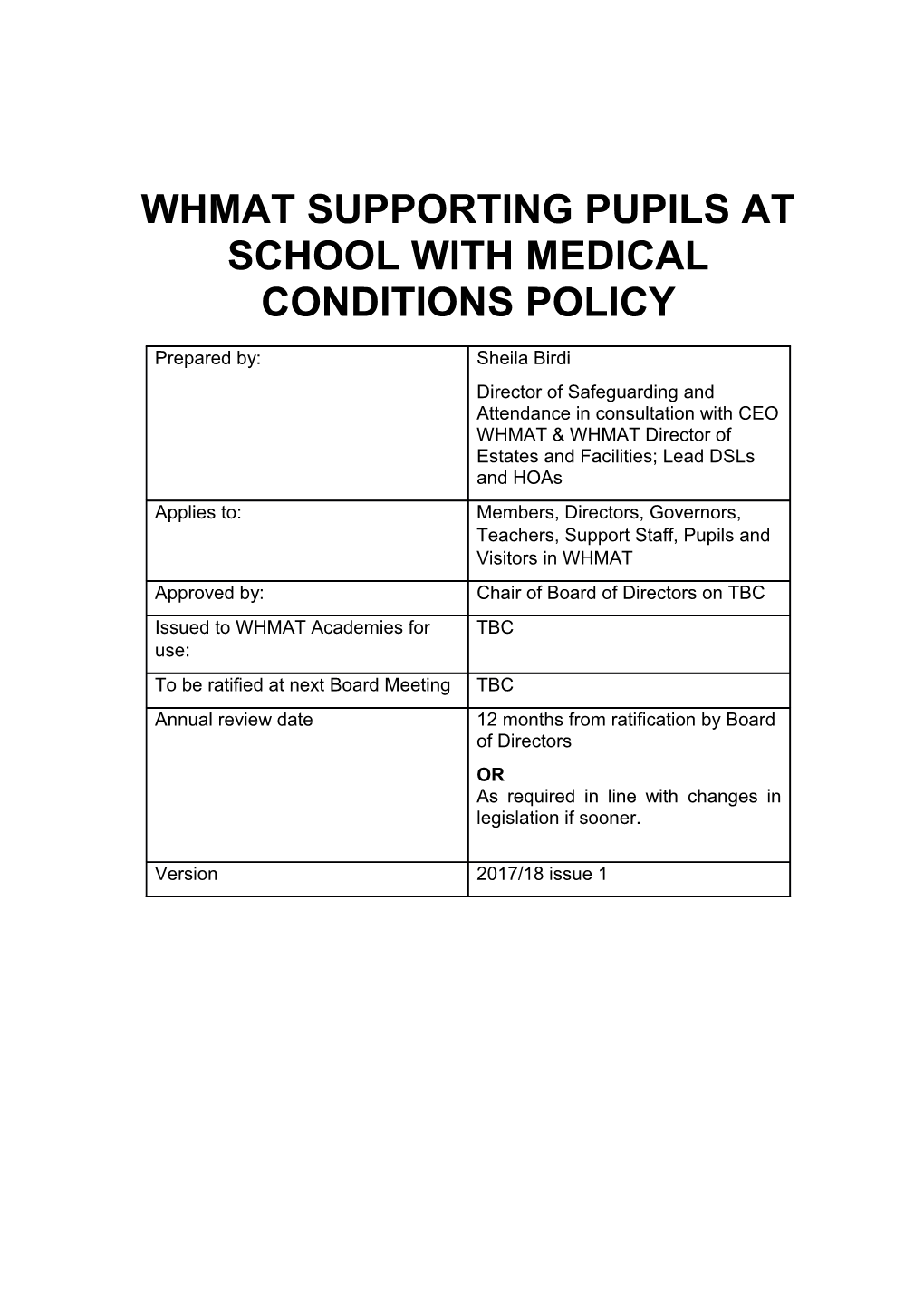 Whmat Supporting Pupils at School with Medical Conditions Policy
