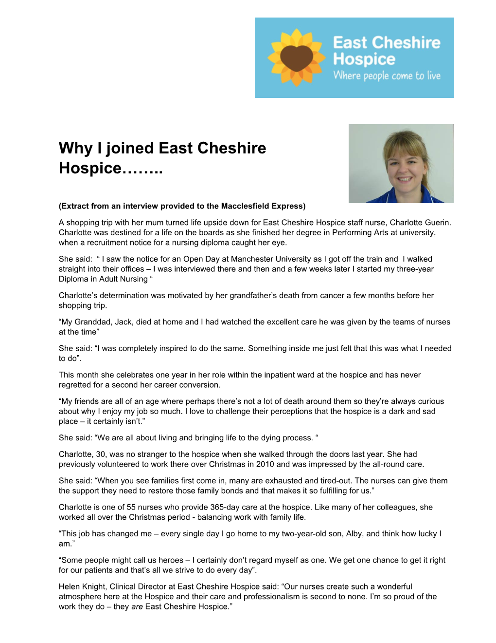 Why I Joined East Cheshire Hospice