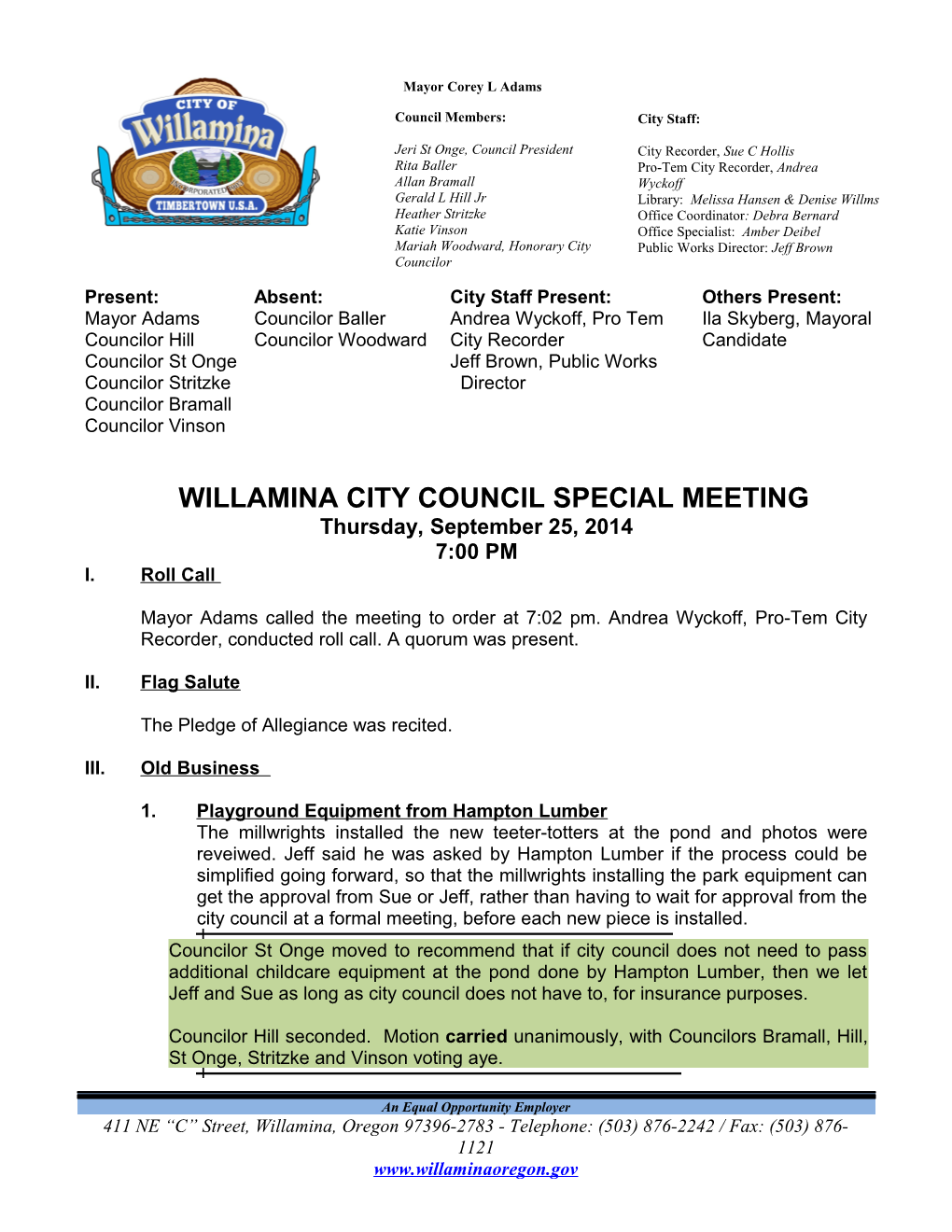 Willamina City Councilspecialmeeting