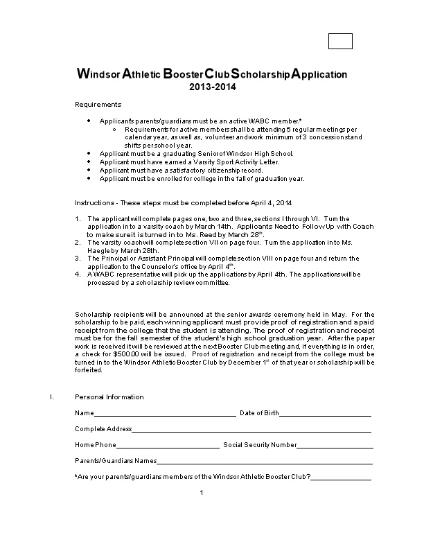 Windsor Athletic Booster Club Scholarship Application