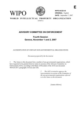 WIPO/ACE/4/4: Accreditation of Certain Non-Governmental Organizations