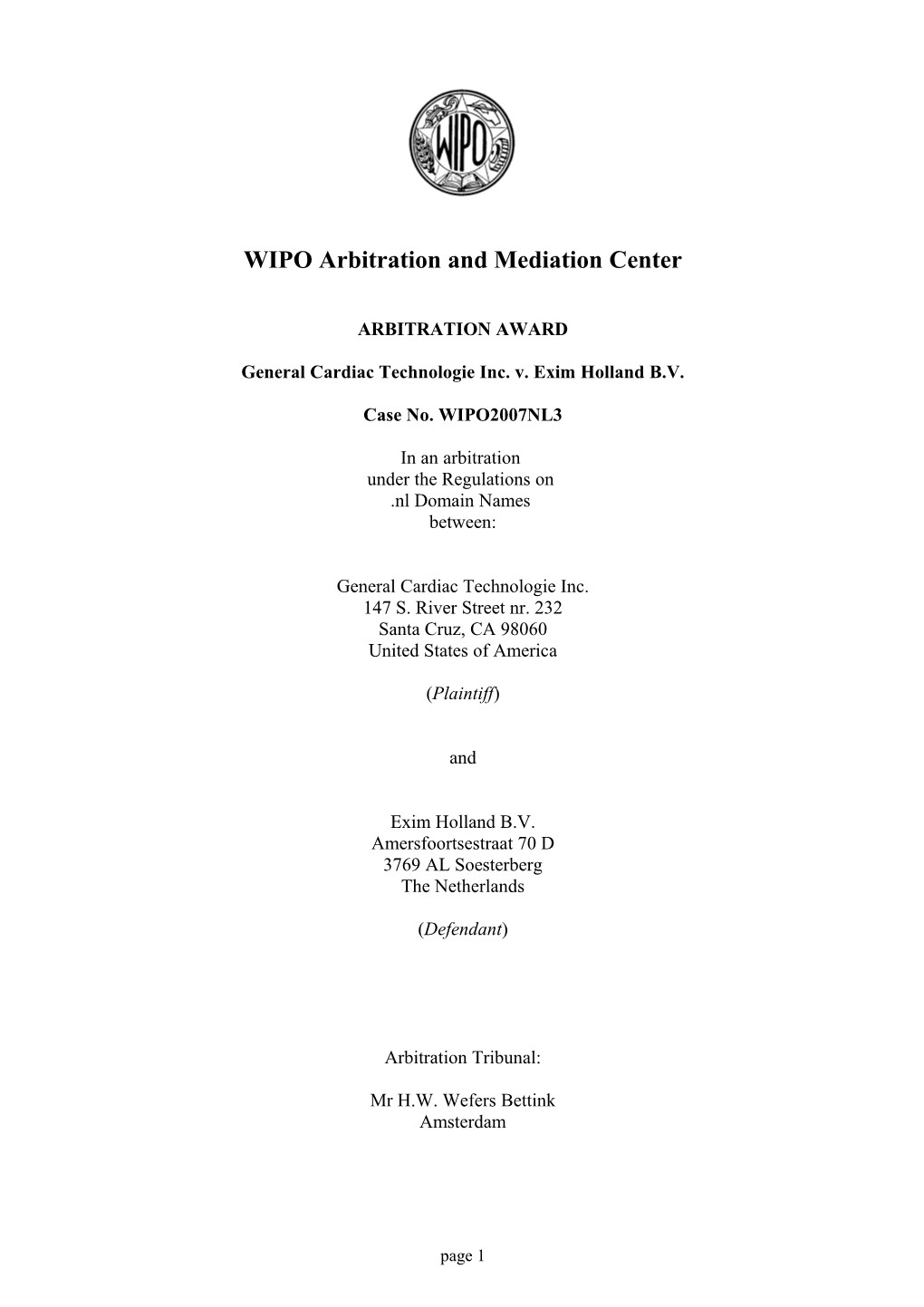 WIPO Arbitration and Mediationcenter
