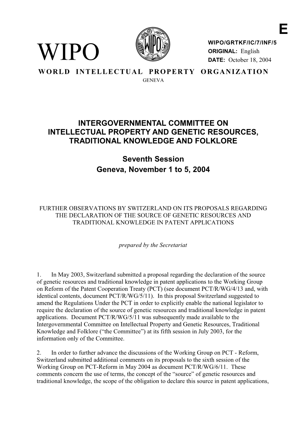 WIPO/GRTKF/IC/7/INF/5: Further Observations by Switzerland on Its Proposals Regarding The