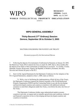 WO/GA/32/11: Matters Concerning the Patent Law Treaty