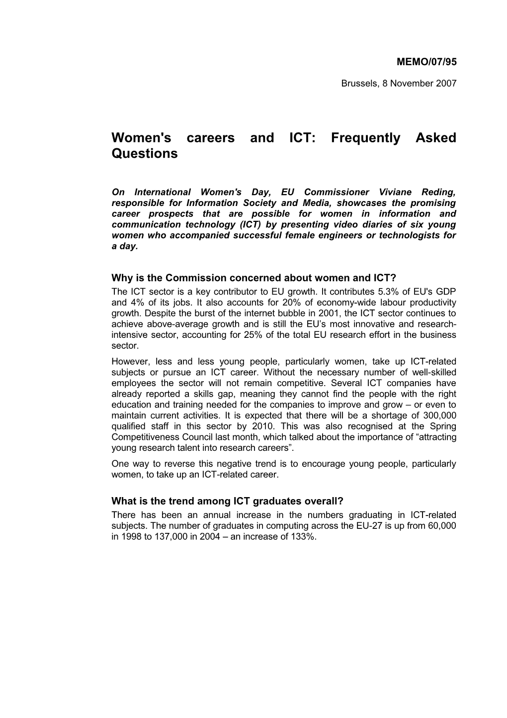 Women's Careers and ICT: Frequently Asked Questions