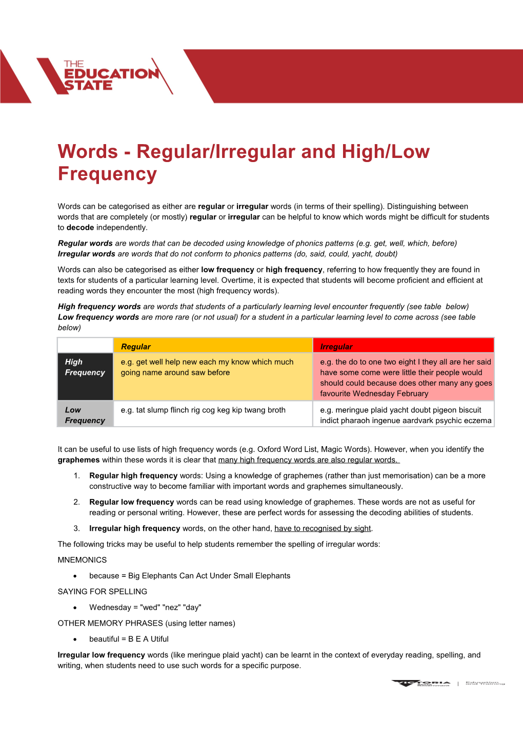 Words - Regular/Irregular and High/Low Frequency