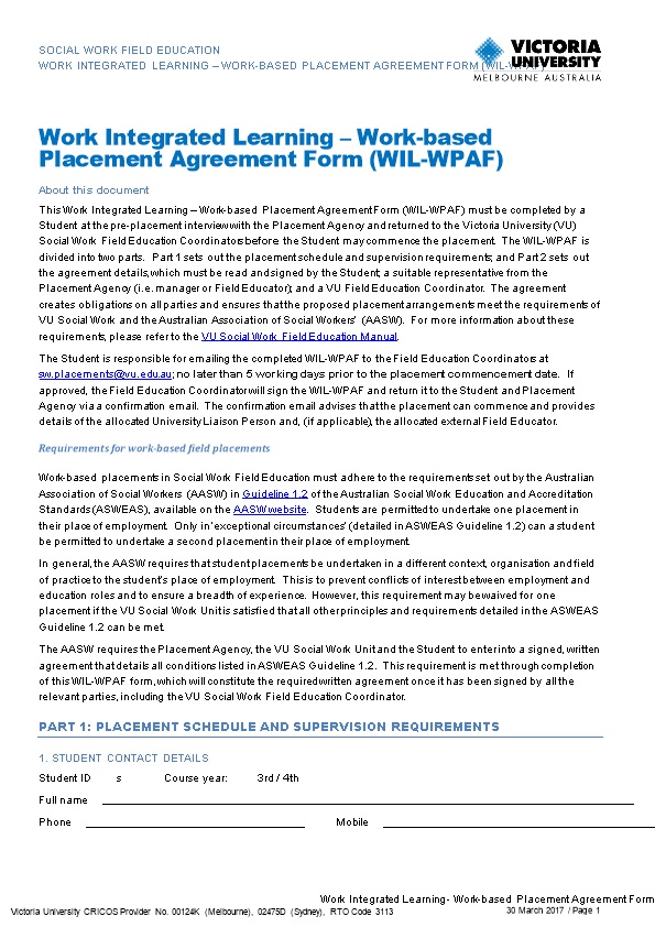Work Integrated Learning Work-Based Placement Agreement Form (WIL-WPAF)