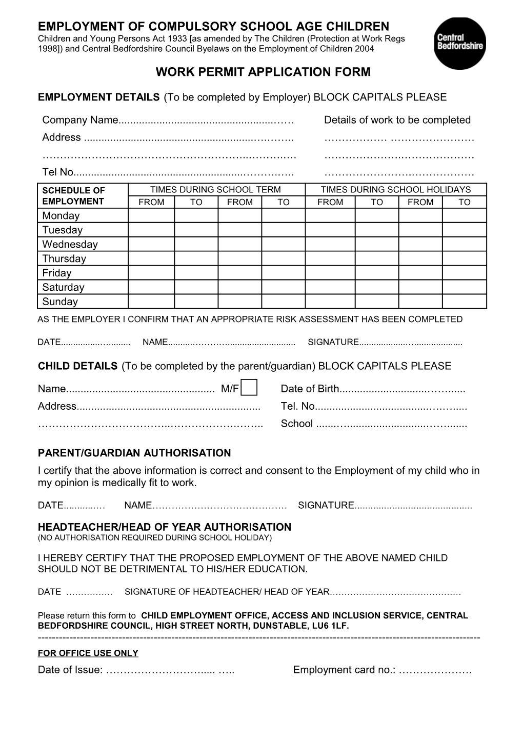 Work Permit Application Form