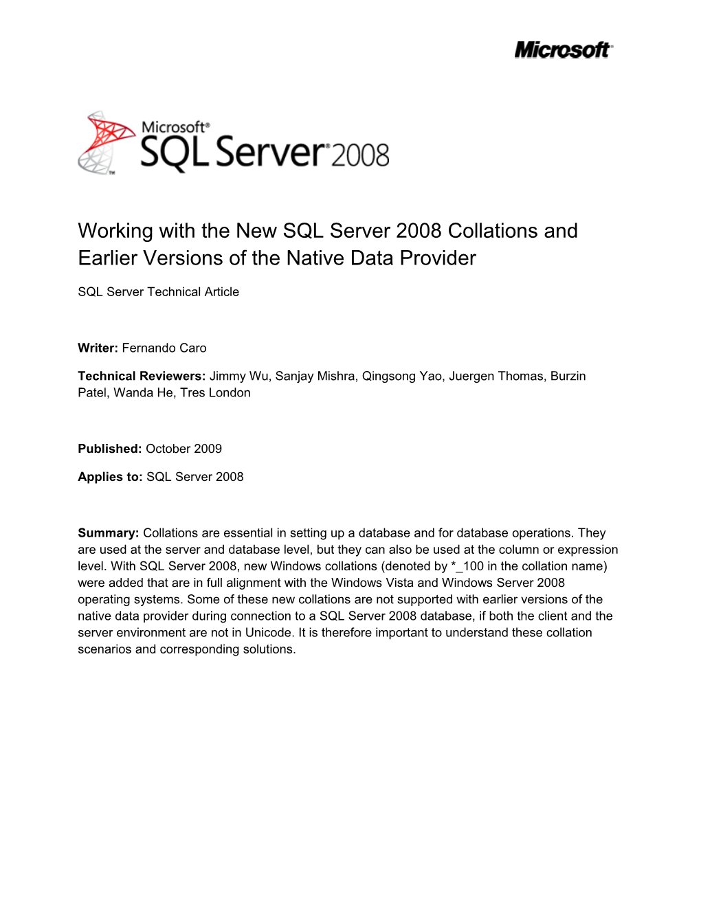 Working with the New SQL Server 2008 Collations and Earlier Versions of the Native Data Provider