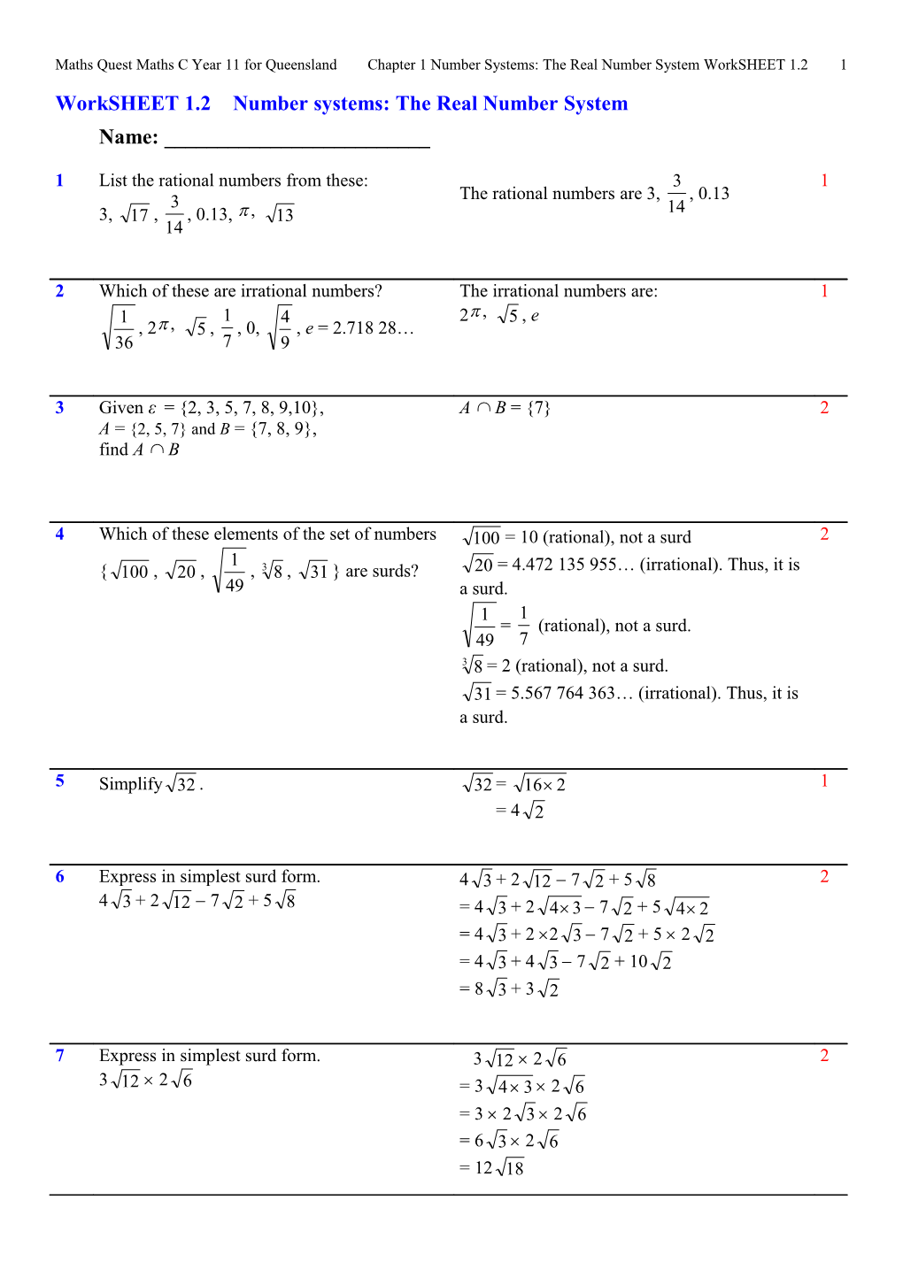 Worksheet 1.2Number Systems: the Real Number System