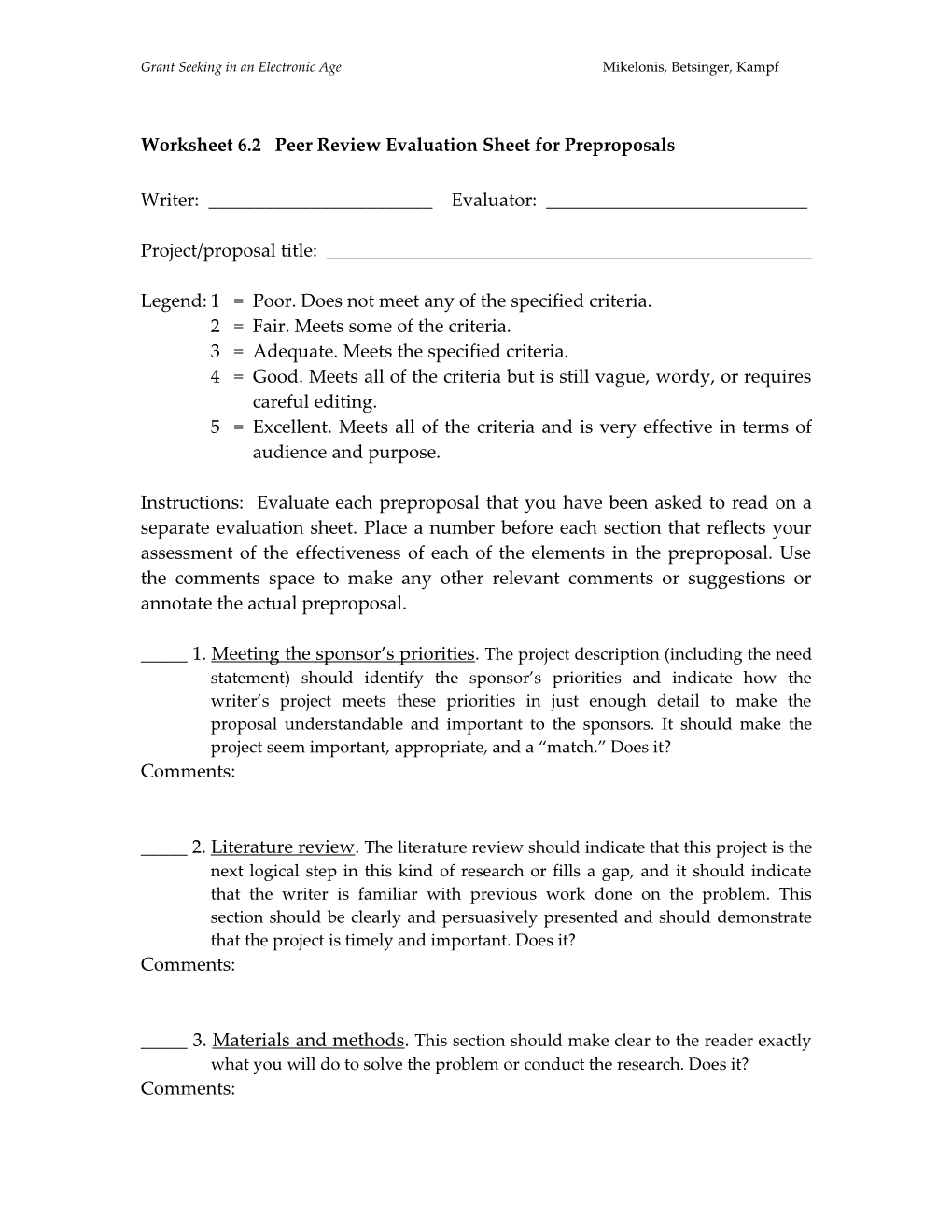 Worksheet 6.2 Peer Review Evaluation Sheet for Preproposals