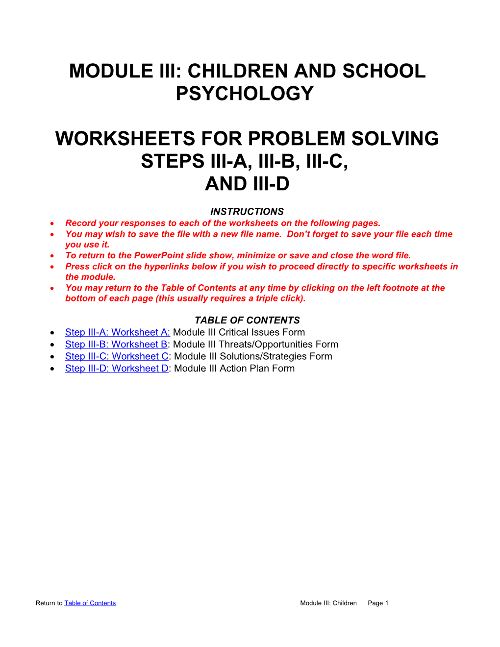 Worksheet A: Module II Critical Issues Form