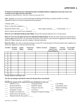 Worksheet for Health Insurance Individual Products Including Medicare Supplement and Long