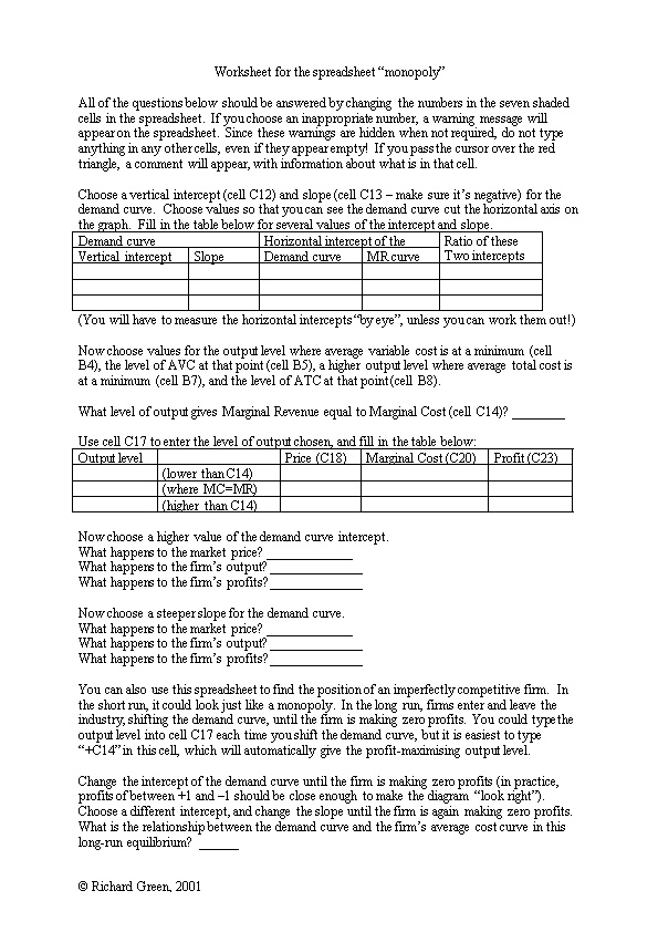 Worksheet for the Spreadsheet Working with Lines