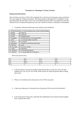 Worksheet on Monologue by Hone Tuwhare