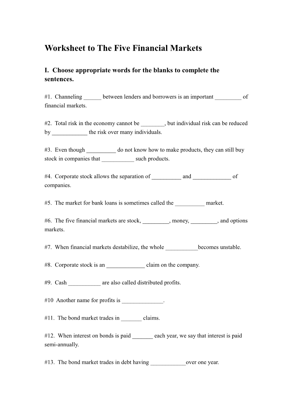 Worksheet to the Five Financial Markets