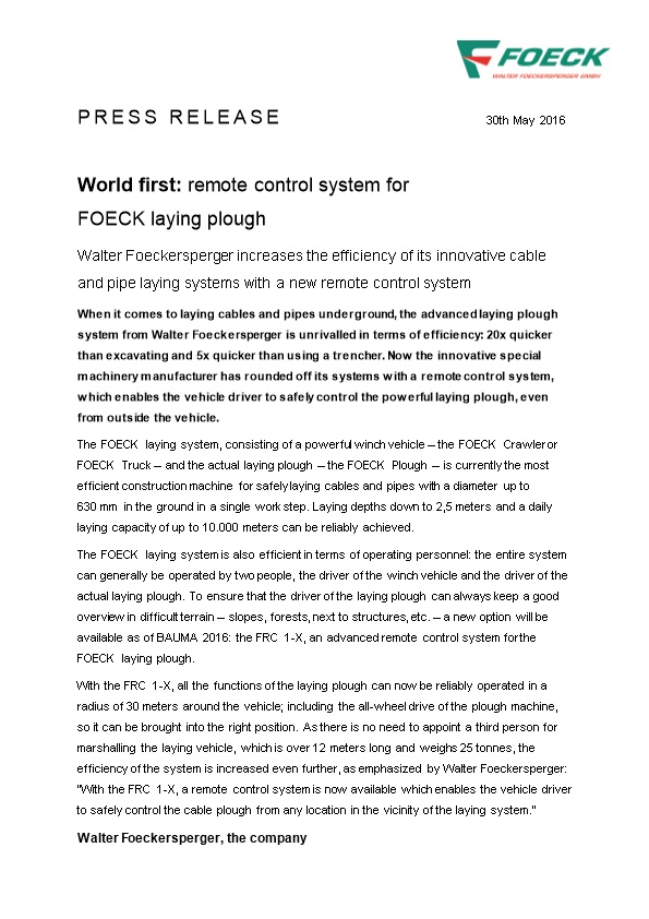 World First: Remote Control System for FOECK Laying Plough