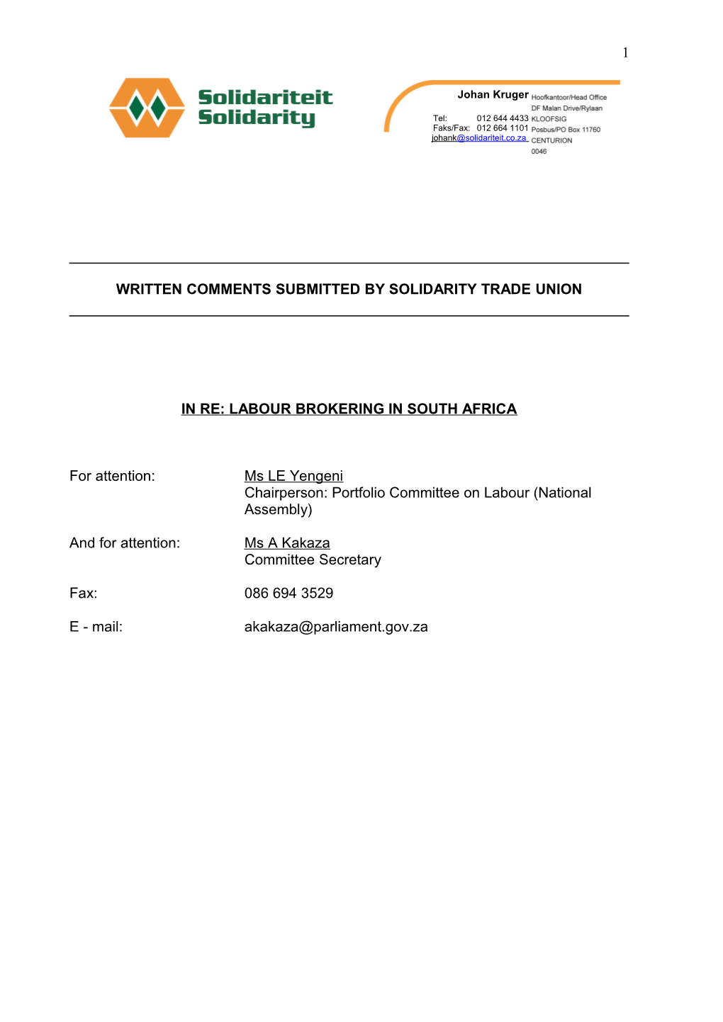 Written Comments Submitted by Solidarity Trade Union