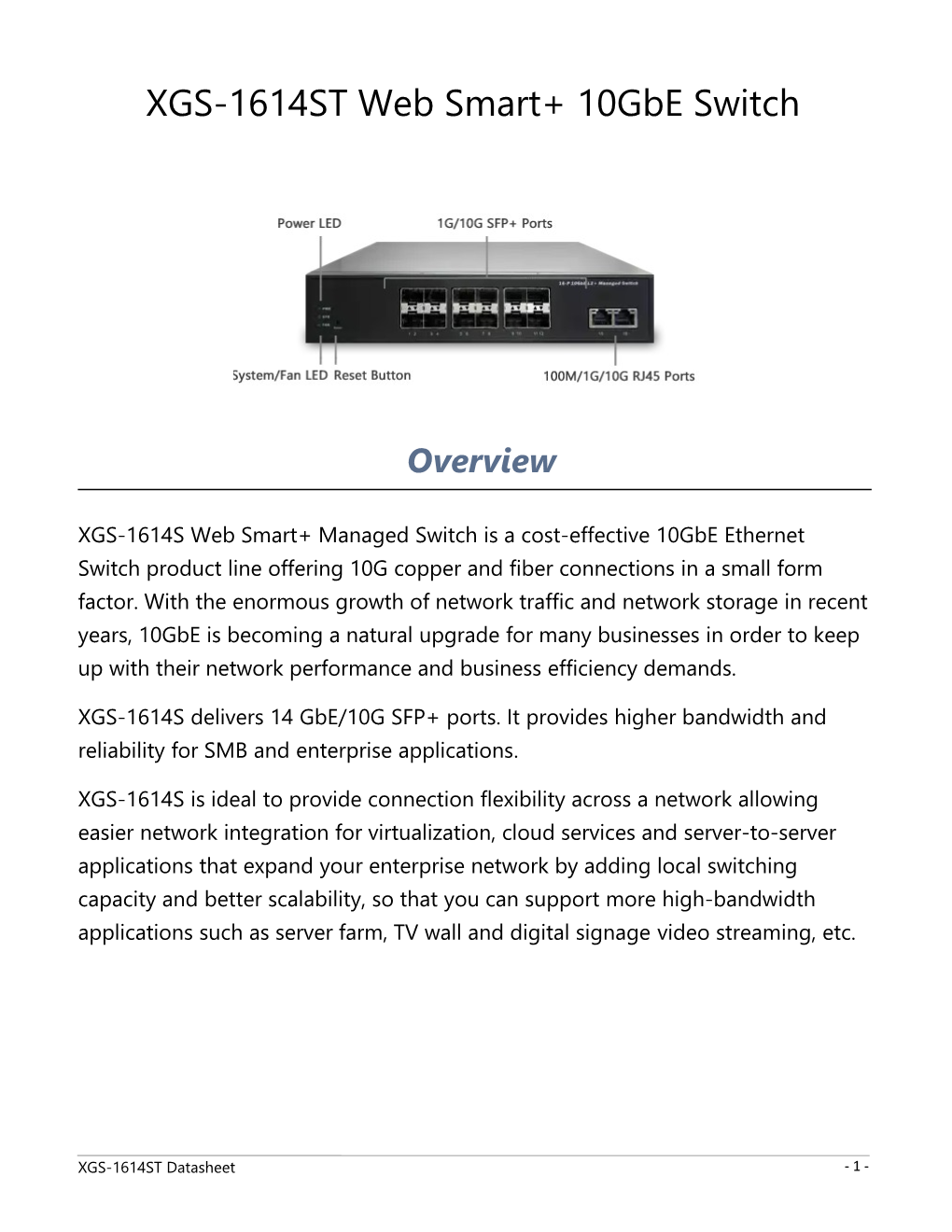 XGS-1614ST Web Smart+ 10Gbe Switch