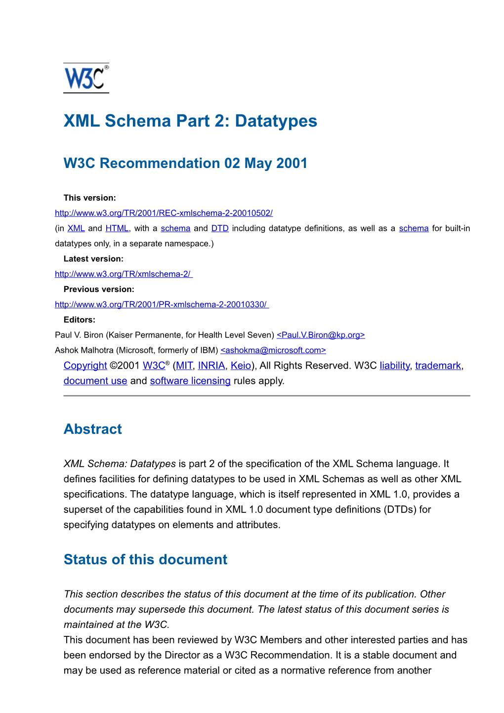 XML Schema Part 2: Datatypes
