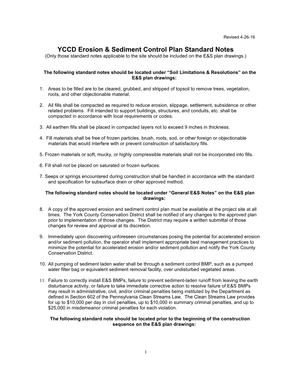 YCCD Erosion & Sediment Control Plan Notes Last Revised 09/19/2006