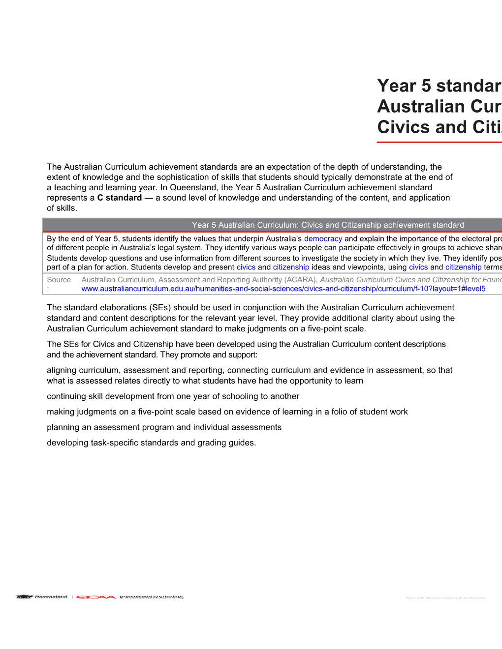 Year 5 Standard Elaborations Australian Curriculum: Civics and Citizenship