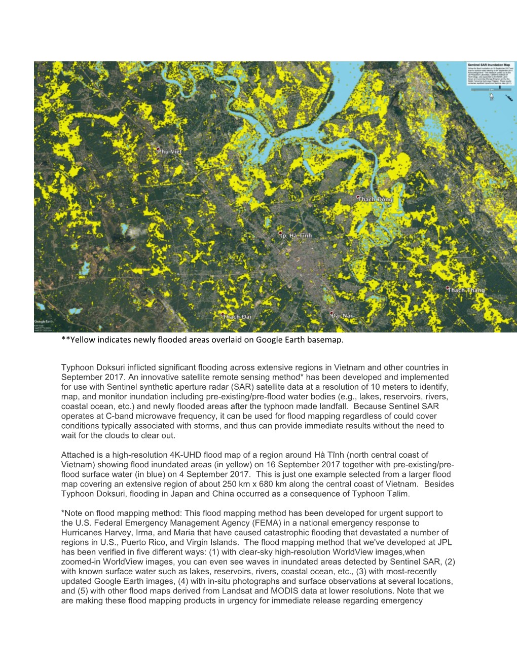 Yellow Indicates Newly Flooded Areas Overlaid on Google Earth Basemap