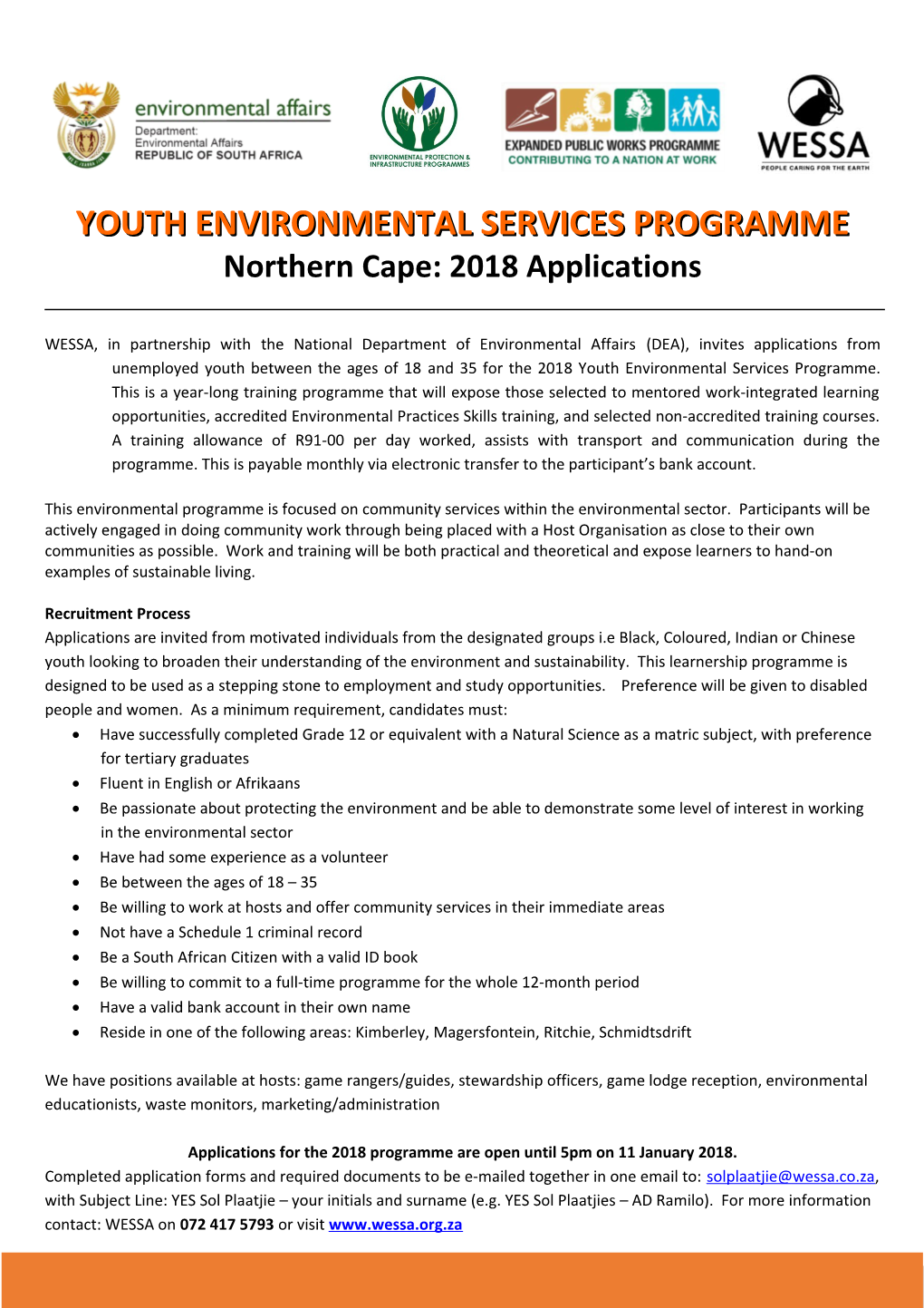 YOUTH ENVIRONMENTAL SERVICES Programmenorthern Cape: 2018 Applications