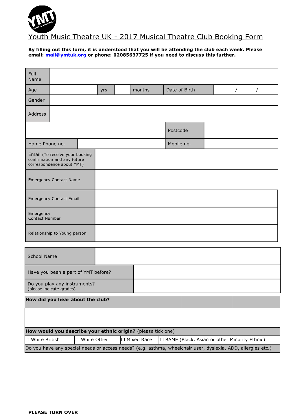 Youth Music Theatre UK - 2017Musical Theatre Club Booking Form